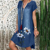 2022 Summer Dresses Women Baggy Tunic Casual Loose V-neck Short Sleeve Floral Shift Dresses Denim Midi Dresses платья для женщин