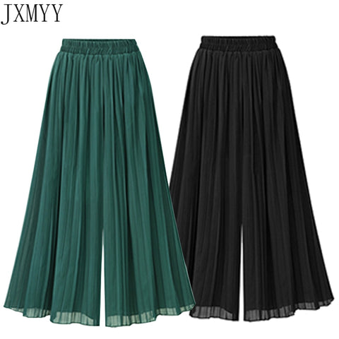 2023 Summer European Style Pleated Women Wide Leg Pants Loose Chiffon Boho Female Length Pant Elastic Waist Trousers Plus Size