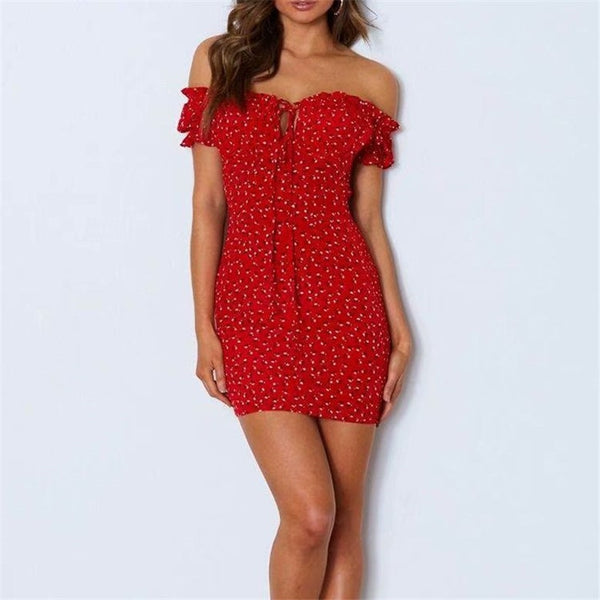 2023 Summer Floral Print Black Red Mini Dress For Women Streetwear Sexy Slash Neck Ladies Bodycon Dresses Party Outfits Vestidos