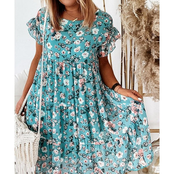 2022 Summer Floral Print Dress Bohemian Ruffles Short Sleeve A-Line Dresses Elegant O-Neck Loose Mini Party Dresses Vestidos