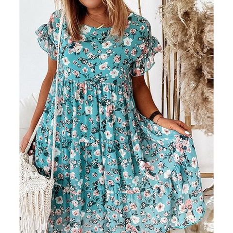 2022 Summer Floral Print Dress Bohemian Ruffles Short Sleeve A-Line Dresses Elegant O-Neck Loose Mini Party Dresses Vestidos