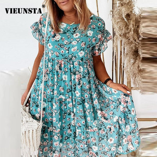 2023 Summer Floral Print Ruffle Mini Dress Women Spring Butterfly Short Sleeve Party Dress Sexy O Neck Lady A-Line Dress Vestido