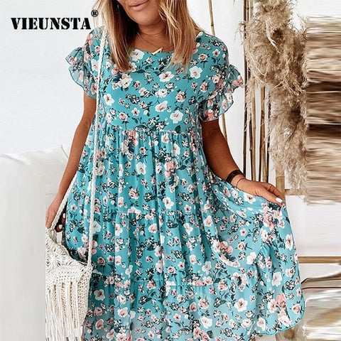2023 Summer Floral Print Ruffle Mini Dress Women Spring Butterfly Short Sleeve Party Dress Sexy O Neck Lady A-Line Dress Vestido
