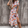 2022 Summer Floral Print Split Dress Casual Short Sleeve Maxi Dresses Female Sexy V-Neck Long Dresses Sundres Платья Для Женщин