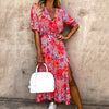2022 Summer Floral Print Split Dress Casual Short Sleeve Maxi Dresses Female Sexy V-Neck Long Dresses Sundres Платья Для Женщин