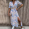 2022 Summer Floral Print Split Dress Casual Short Sleeve Maxi Dresses Female Sexy V-Neck Long Dresses Sundres Платья Для Женщин