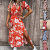 2022 Summer Floral Print Split Dress Casual Short Sleeve Maxi Dresses Female Sexy V-Neck Long Dresses Sundres Платья Для Женщин