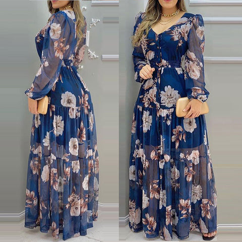 2022 Summer Floral Print sexy V-Neck Chiffon Maxi Dress Casual Loose Long Sleeve Lantern Sleeve Beach Wear Style Dress