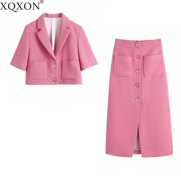 2022 Summer Blazer Women Two Piece Set Casual Solid Color Button Texture Small Suit Jacket and High Waist Midi Skirt Suits
