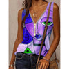 2022 Summer   Women's V Neck Cartoon Face Casual Loose Vest Zipper Printing Plus Size Pullover Sleeveless T-Shirt