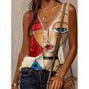 2022 Summer   Women's V Neck Cartoon Face Casual Loose Vest Zipper Printing Plus Size Pullover Sleeveless T-Shirt