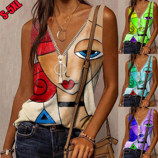 2022 Summer   Women's V Neck Cartoon Face Casual Loose Vest Zipper Printing Plus Size Pullover Sleeveless T-Shirt