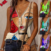 2022 Summer   Women's V Neck Cartoon Face Casual Loose Vest Zipper Printing Plus Size Pullover Sleeveless T-Shirt