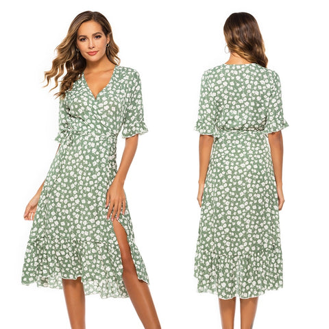 2022 Summer  Printed Ruffle Dress Short Sleeve V-neck Side Split Bohemian Beach Bandage Green MIDI Women's A-line Swing Dress