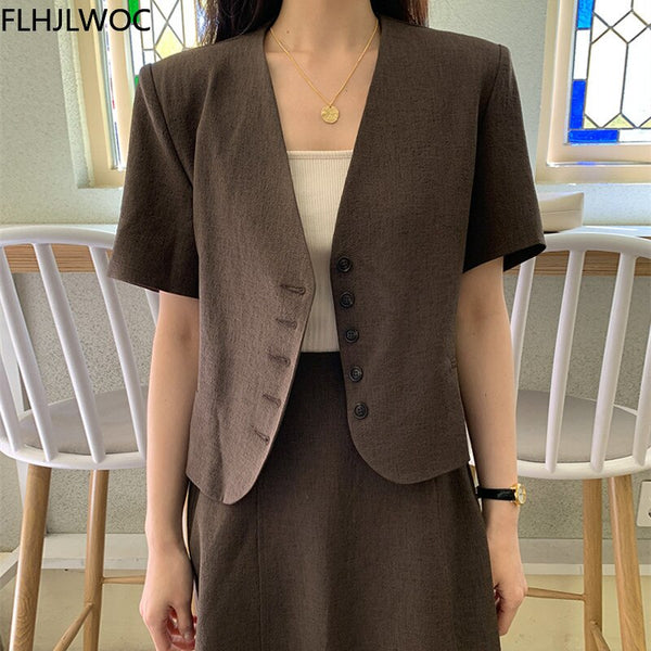 2023 Summer Outfits Office Lady Design Women Chic Korea Single Breasted Button Crop Tops Solid Short Coat Blazers