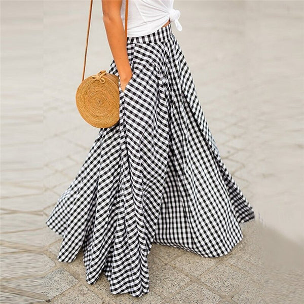 2023 Summer Plaid Check Midi Skirt Vintage Party Pleated Skirts Women Casual Elastic Waist Swing Dress Female Vestidos