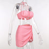 2023 Summer Pleated Bodysuit Set Women Two Piece Halter Wrap Cropped Split Camis Skirt Suits Sets Woman Pink Orange Black