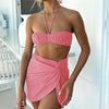 2023 Summer Pleated Bodysuit Set Women Two Piece Halter Wrap Cropped Split Camis Skirt Suits Sets Woman Pink Orange Black