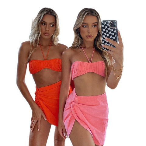 2023 Summer Pleated Bodysuit Set Women Two Piece Halter Wrap Cropped Split Camis Skirt Suits Sets Woman Pink Orange Black
