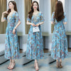 2022 Summer Sexy Beach Boho Maxi Dress for Women  Lace V-neck Short Sleeve Floral Chiffon Long Dress Blue Party Vestidos