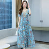2022 Summer Sexy Beach Boho Maxi Dress for Women  Lace V-neck Short Sleeve Floral Chiffon Long Dress Blue Party Vestidos