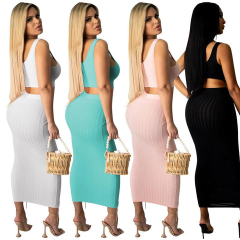2023 Summer Sexy Knitted Bodycon Long Dress Sets Pink 2 Piece Skirt Set for Women Elegant Vacation Outfits Female Clothing