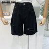 2022 Summer Short Jeans Korean Style Retro Tattered Denim Shorts Women's Loose High Waist Black Wide-Leg Pants Cropped Pants