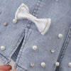2022 Summer Short Jeans Pearl Cute Three-Dimensional Bow Denim Shorts Women's Elastic Waist Diamond Beaded Wide-Leg Pants