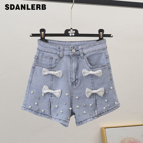 2022 Summer Short Jeans Pearl Cute Three-Dimensional Bow Denim Shorts Women's Elastic Waist Diamond Beaded Wide-Leg Pants