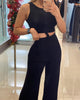 2022 Summer Spring Solid 2PCS Women Plain Sleeveless Crop Top & High Waist Wide Leg Pants Set Female Clothing