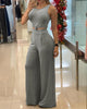 2022 Summer Spring Solid 2PCS Women Plain Sleeveless Crop Top & High Waist Wide Leg Pants Set Female Clothing