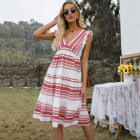 2022 Summer Striped Dress Women V-neck Loose Party Dress Ladies Pocket Sleeveless Midi Dress For Women
