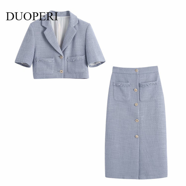 2022 Summer Two Pieces Set Women Texture Cropped Blazers and Midi Skirt Suit Casual Chic Lady Outfits Women Suit