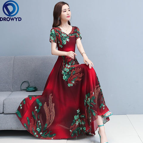 2022 Summer Vintage Boho Midi Dress V-neck Floral Chiffon Casual Beach Sundress Women Bodycon Party Elegant Red Maxi Vestidos