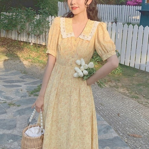 2023 Summer Vintage Floral Dress Women Korean Elegant Sweet Cute Print Midi Dresses V-neck Lace French Holiday Cottagecore Dress
