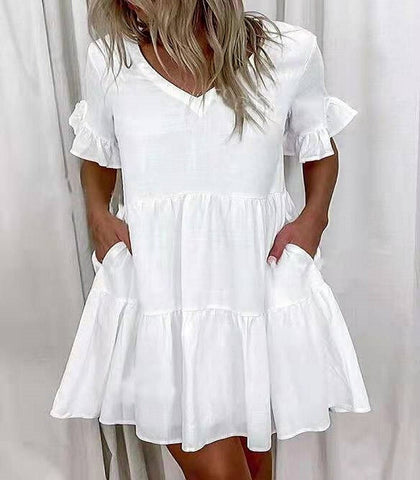 2022 Summer Women A Line Dress Elegant Ruffle Sleeve Color Patchwork Dresses Loose Solid Short Sleeve Pocket Dress Vestidos