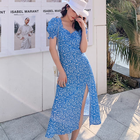 2023 Summer Women Blue Puff Sleeve Zipper Midi Dress Vintage Floral Print Split Blue Sundress Elegant Party Beach Ladies Dress