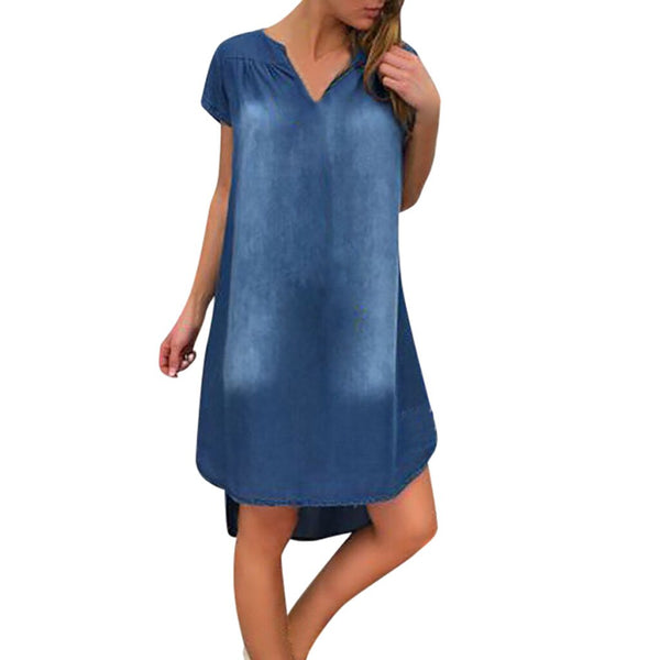 2022 Summer Women Casual Jeans Dress  Cool V-Neck Denim Long Party Dresses Short Sleeve Swing Dress roupas femininas#20