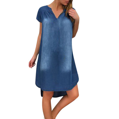 2022 Summer Women Casual Jeans Dress  Cool V-Neck Denim Long Party Dresses Short Sleeve Swing Dress roupas femininas#20