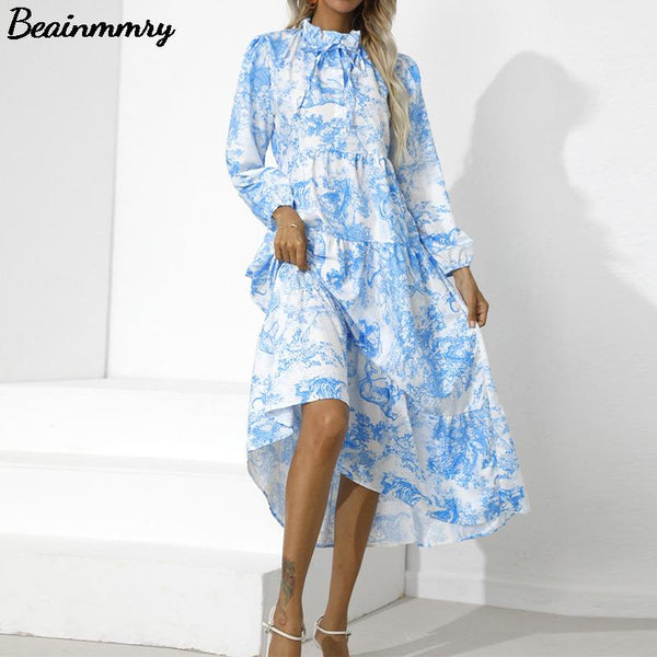 2022 Summer Women Print O Neck Long Sleeve Midi Dress Elegant Female Lace Up Drawstring Casual Vacation Ruffle Long Dress