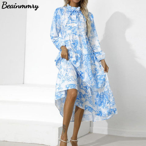 2022 Summer Women Print O Neck Long Sleeve Midi Dress Elegant Female Lace Up Drawstring Casual Vacation Ruffle Long Dress