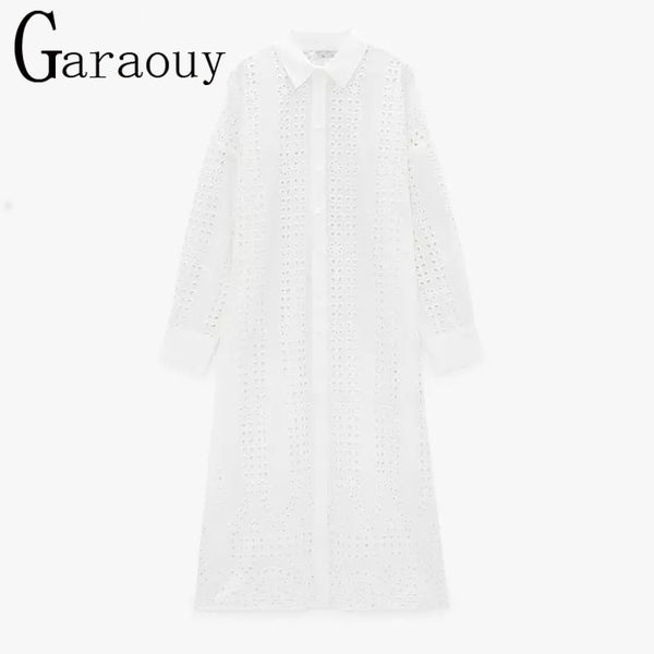 2022 Summer Women White Sexy Hollow Shirt Midi Dress Chic Embroidery Long Sleeve Solid Beach Dresses Ladies vestidos de mujer
