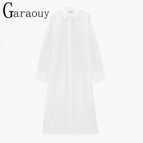 2022 Summer Women White Sexy Hollow Shirt Midi Dress Chic Embroidery Long Sleeve Solid Beach Dresses Ladies vestidos de mujer