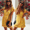 2023 Summer Womens Short Sleeve Floral Wrap Dresses Evening Party Ladies Deep V-neck Ruffles Dress Yellow S/M/L/XL