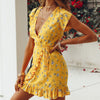 2023 Summer Womens Short Sleeve Floral Wrap Dresses Evening Party Ladies Deep V-neck Ruffles Dress Yellow S/M/L/XL