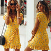 2023 Summer Womens Short Sleeve Floral Wrap Dresses Evening Party Ladies Deep V-neck Ruffles Dress Yellow S/M/L/XL