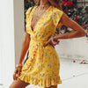 2023 Summer Womens Short Sleeve Floral Wrap Dresses Evening Party Ladies Deep V-neck Ruffles Dress Yellow S/M/L/XL