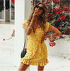 2023 Summer Womens Short Sleeve Floral Wrap Dresses Evening Party Ladies Deep V-neck Ruffles Dress Yellow S/M/L/XL