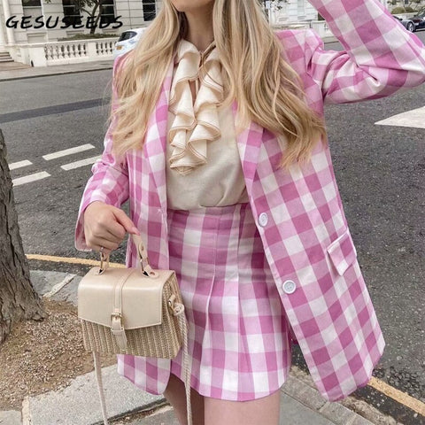 2023 Summer blazer women vintage jacket oversized long coat plaid korean blazer suit A line mini skirt pink 2 piece set women