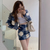 2023 Sweet Short Plaid Blazer Suit Two Piece Set Summer Women Woollen Casual Office Blazer Girl Chic Cute High Waist Skirt Suits